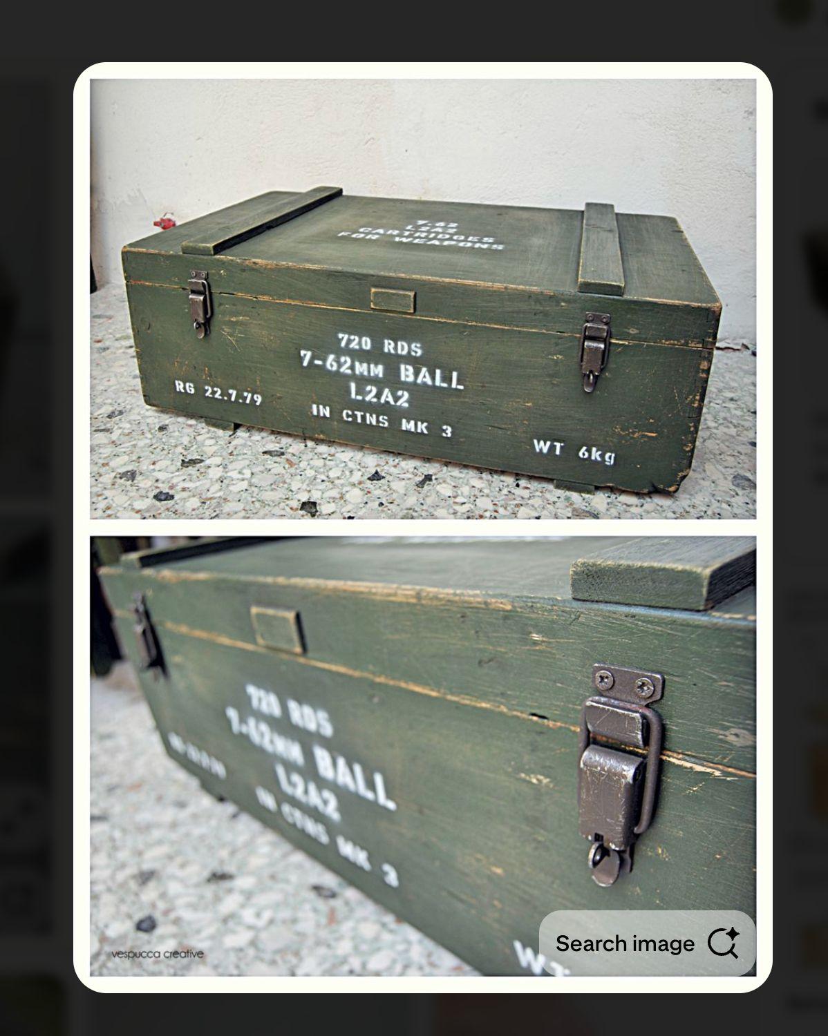 two photos of an old military trunk