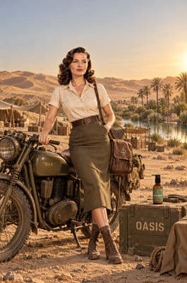 a woman sitting on a motorcycle in the desert