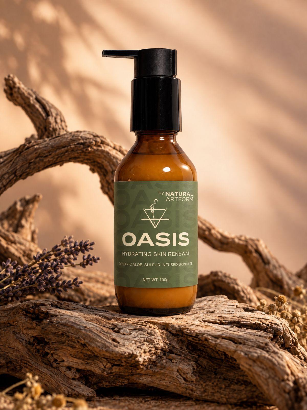 a bottle of oasi hand lotion sitting on a tree branch