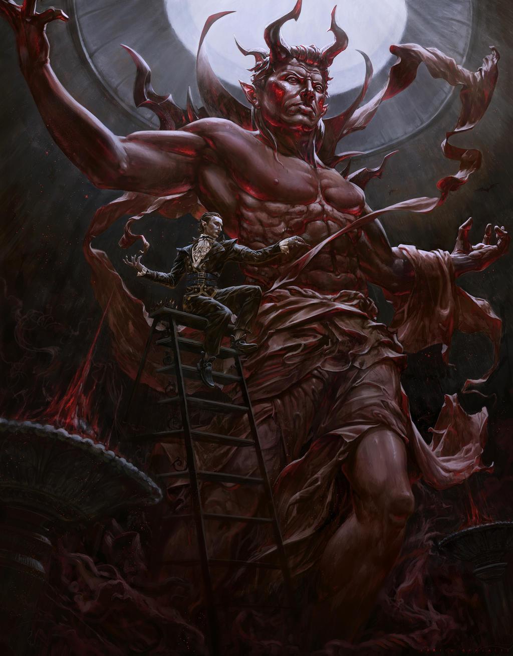 a painting of a demon standing on a ladder