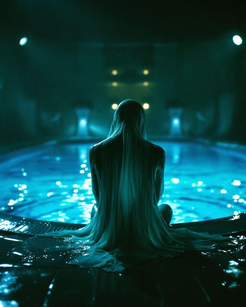 a woman sitting in the middle of a pool of water