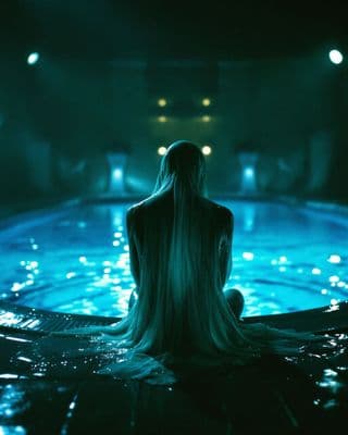 a woman sitting in the middle of a pool of water