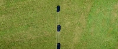 two black umbrellas in the middle of a grassy field