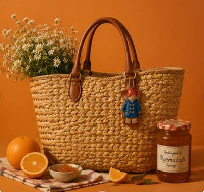 a wicker basket with oranges and a jar of jam
