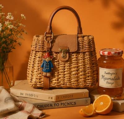 a wicker purse sitting on top of a stack of books