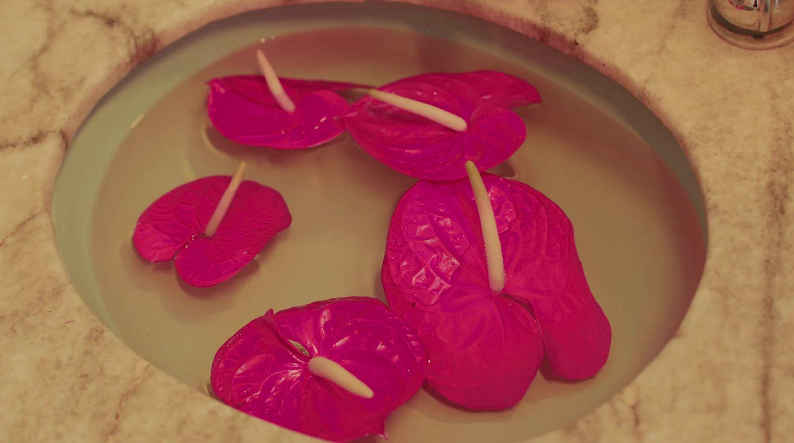 a plate of pink candles on a marble table