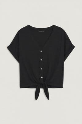 a black top with a tie at the front