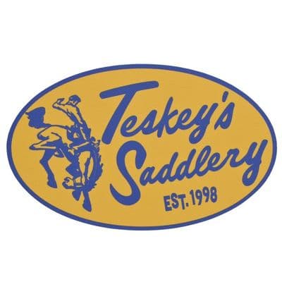 a yellow and blue sticker that says teskey's saddlery