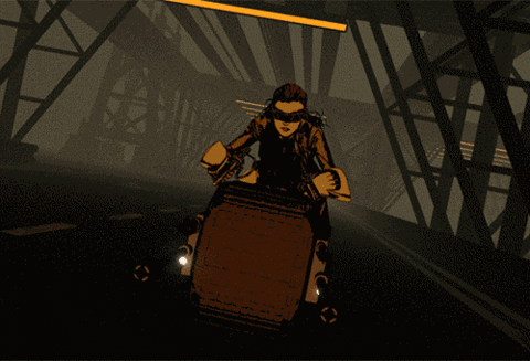 a woman riding a motorcycle down a dark street