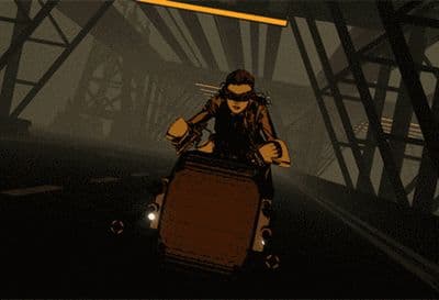 a woman riding a motorcycle down a dark street