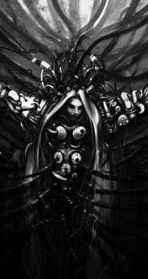 a black and white painting of a woman with her arms outstretched