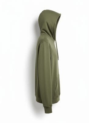 a green hoodie hanging on a white wall