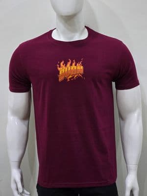 a mannequin wearing a red shirt with flames on it