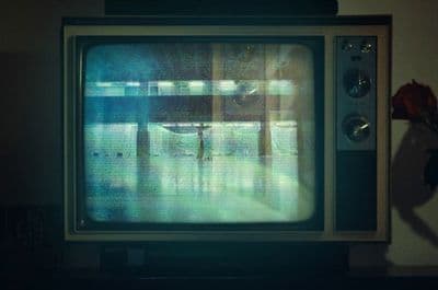 an old tv with a red rose on top of it
