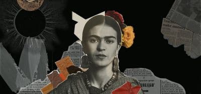 a collage of a woman with flowers in her hair