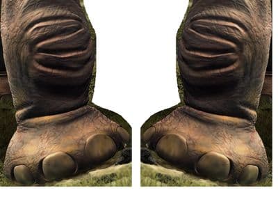 Mirrored close-up of a wrinkled gray-brown creature foot with rounded claws against a white background, in a textured 3D render.