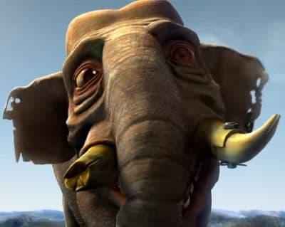 Close-up 3D render of a wrinkled brown elephant with yellow tusks against a pale blue sky and distant hills.