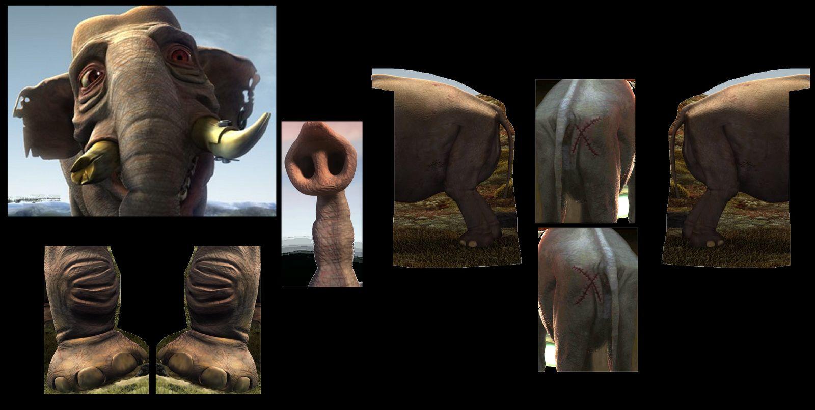 Digital 3D elephant character model reference sheet with close-ups of its face, trunk, feet, body, and scarred back on a black background.