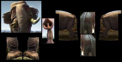 Digital 3D elephant character model reference sheet with close-ups of its face, trunk, feet, body, and scarred back on a black background.