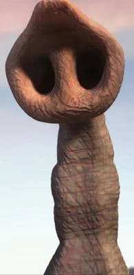 Close-up 3D render of a wrinkled brown alien creature with a large nostril-like face against a pale blue sky.