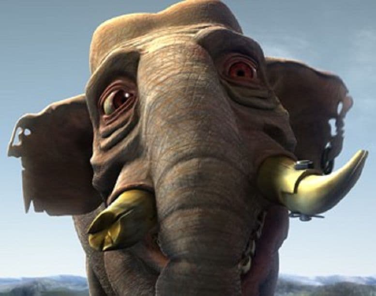 Close-up 3D render of a wrinkled gray-brown elephant with large ears, red eyes, and curved golden tusks against a pale blue sky.