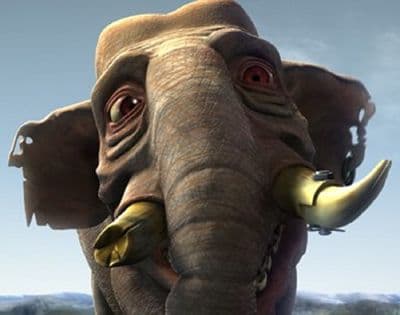 Close-up 3D render of a wrinkled gray-brown elephant with large ears, red eyes, and curved golden tusks against a pale blue sky.