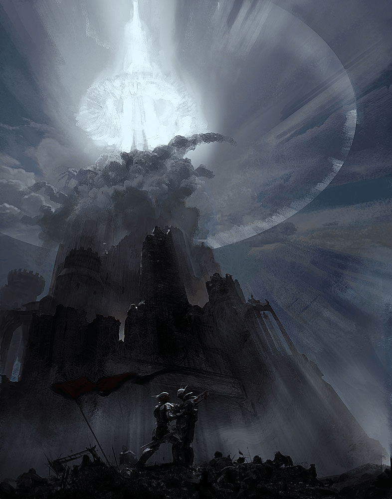 a painting of a man standing in front of a giant structure