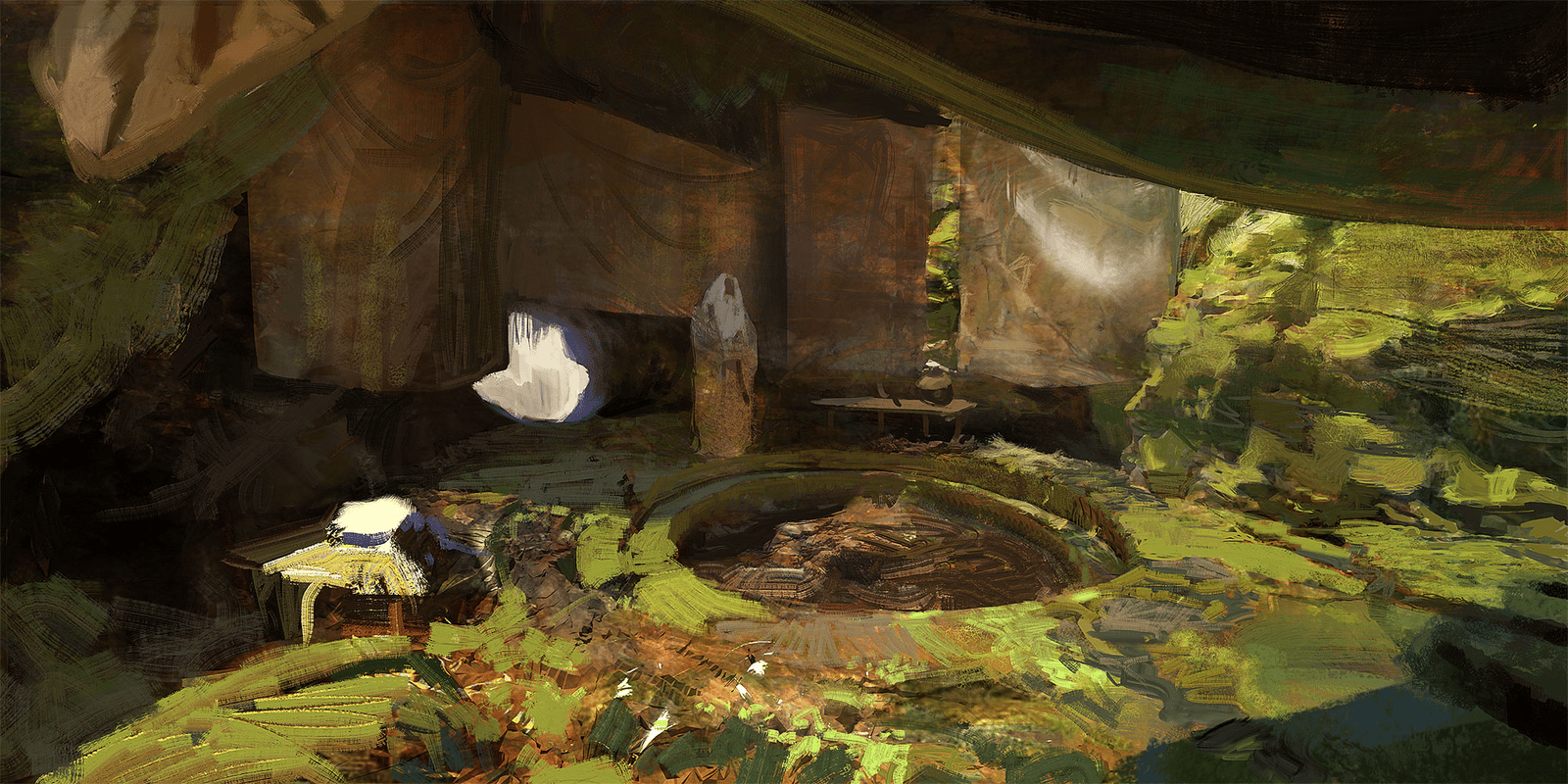 a painting of a room with a sink and a chair