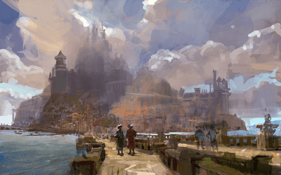 a digital painting of a city with a castle in the background