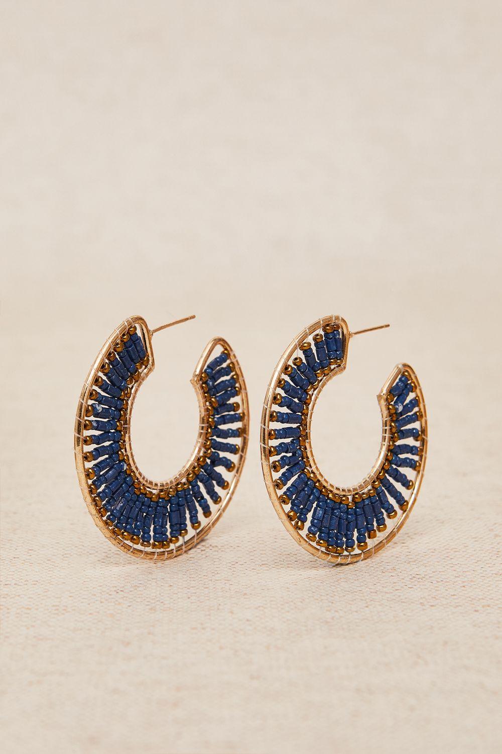 a pair of blue and gold hoop earrings