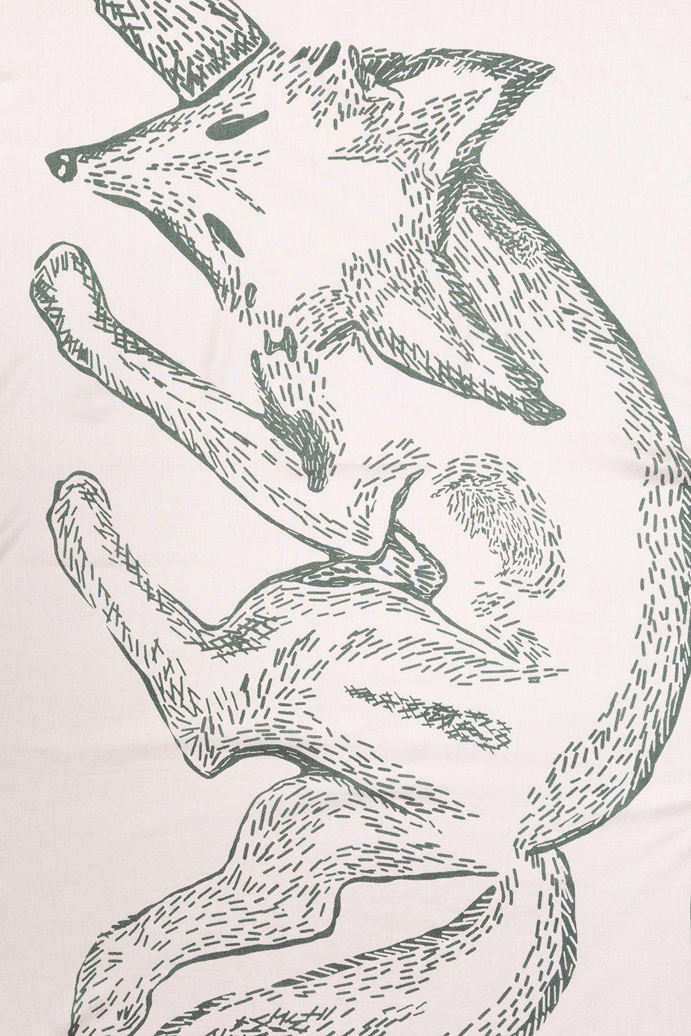 a black and white drawing of a fox on a white background
