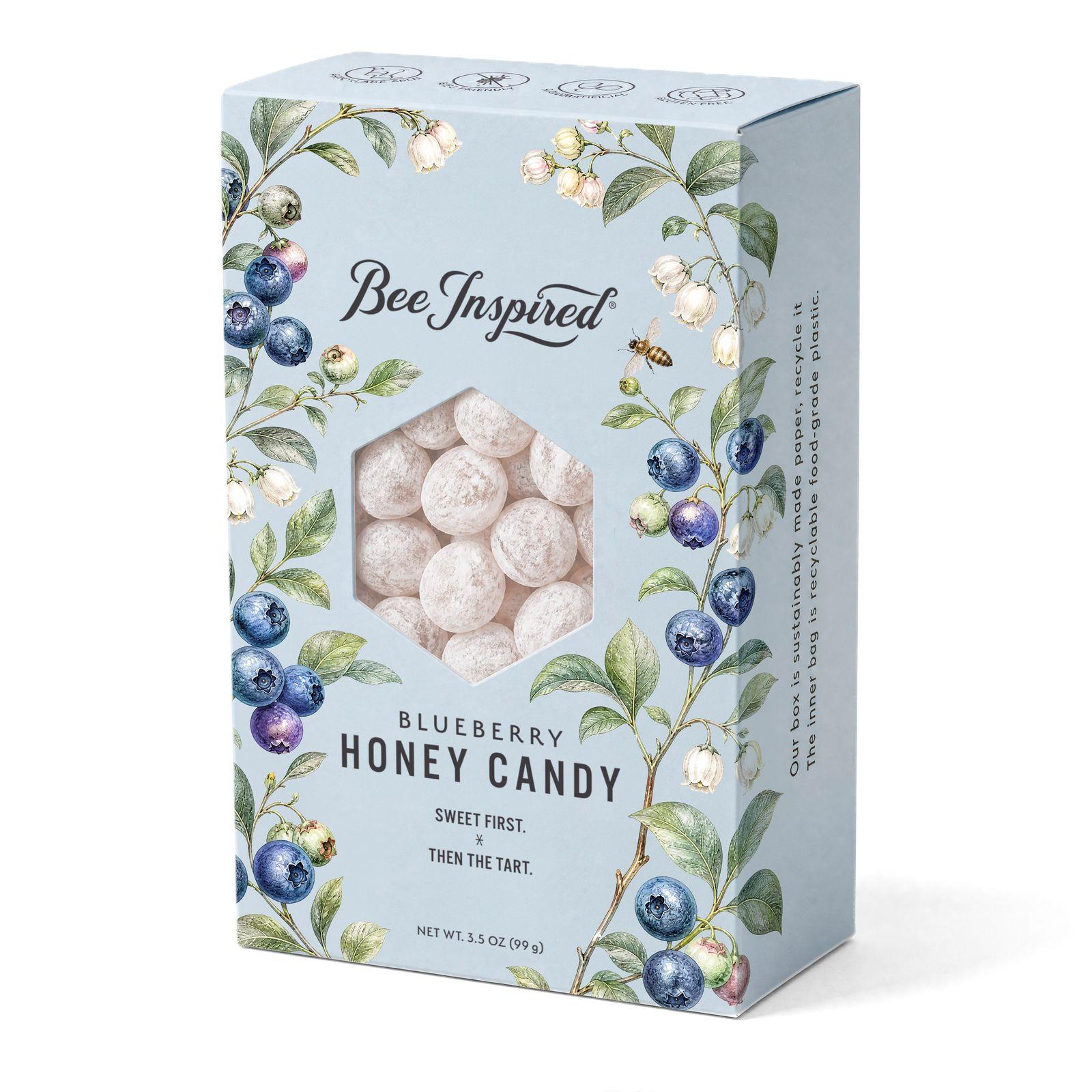 a box of blueberry honey candy on a white background