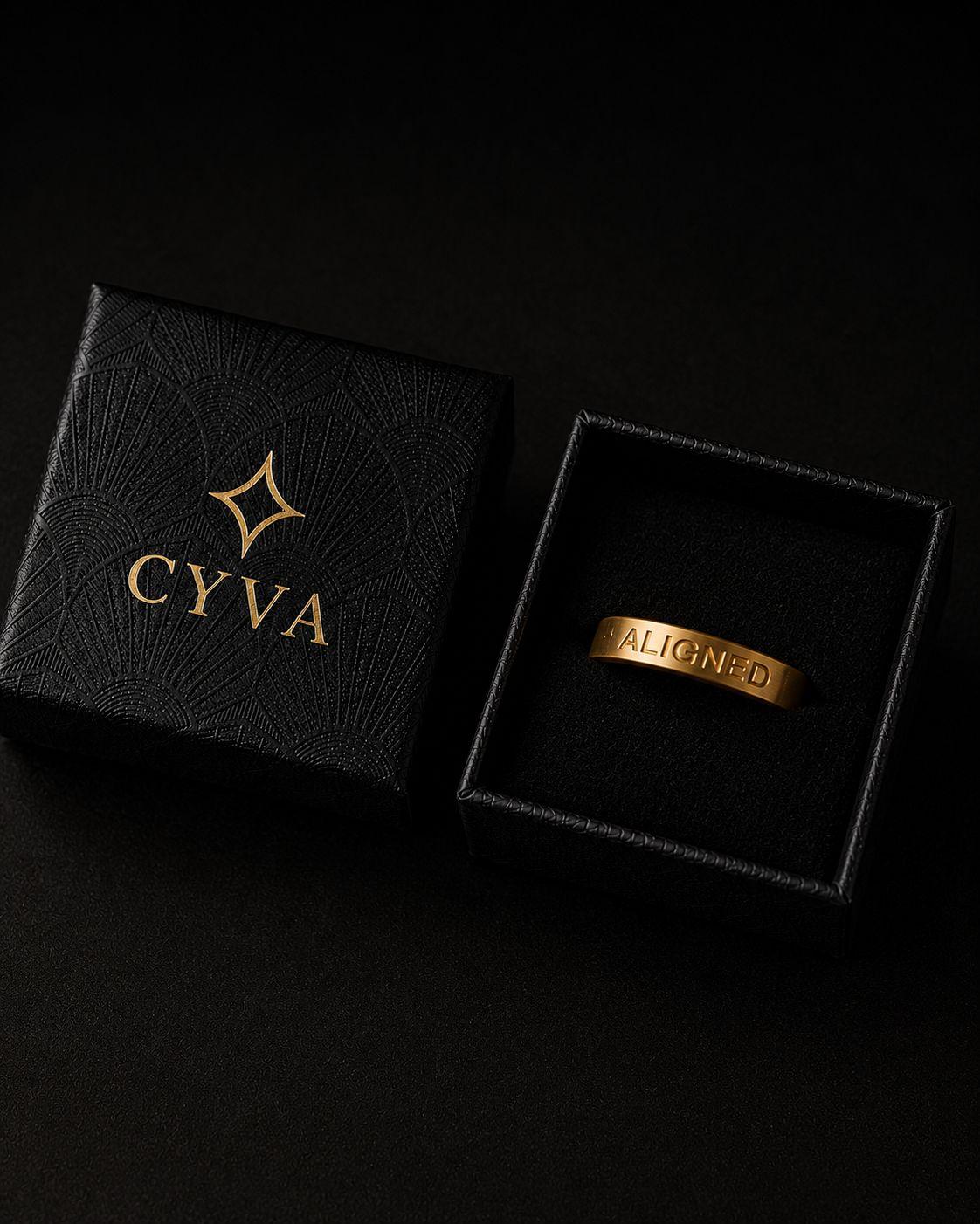 a black box with a gold logo on it