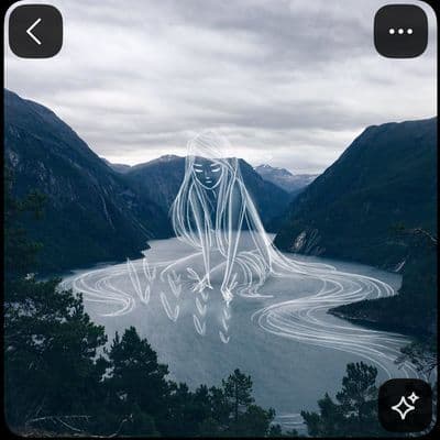 a picture of a woman with long hair in the middle of mountains