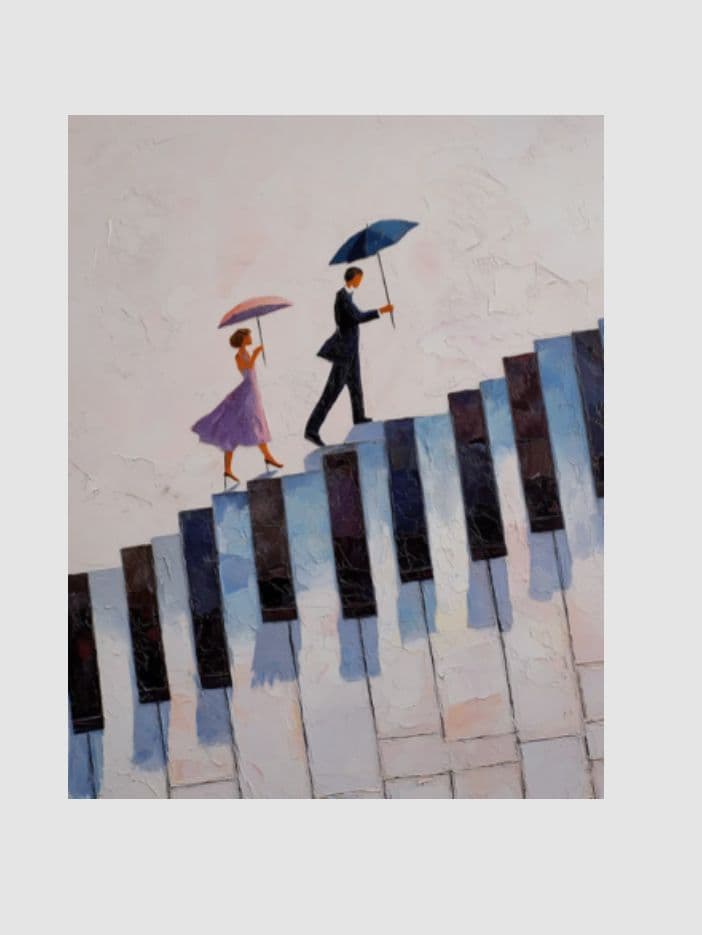 a painting of a man and a woman holding umbrellas