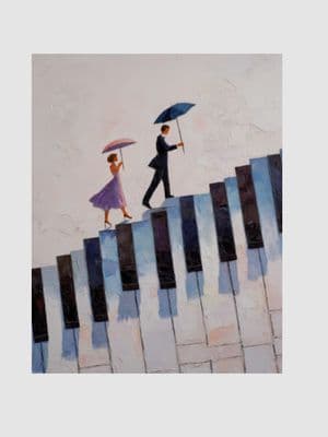 a painting of a man and a woman holding umbrellas