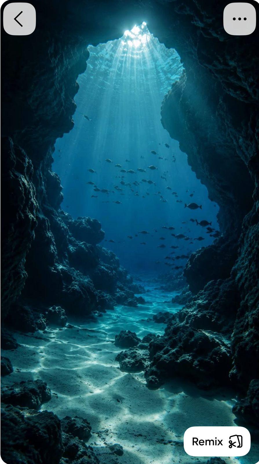 an underwater cave with sunlight streaming through the water