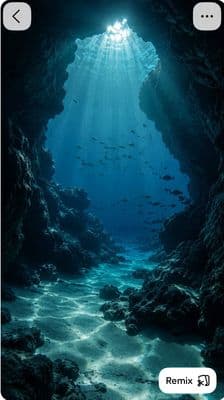 an underwater cave with sunlight streaming through the water