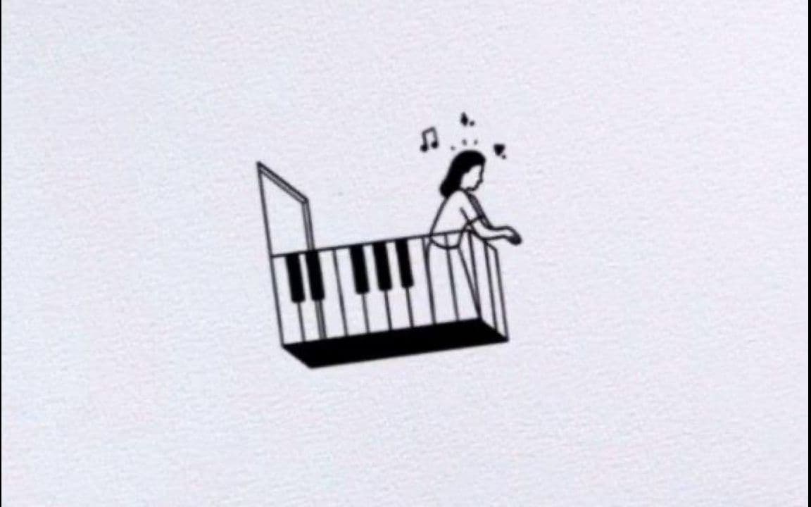 a drawing of a woman standing on top of a piano