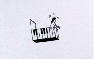 a drawing of a woman standing on top of a piano