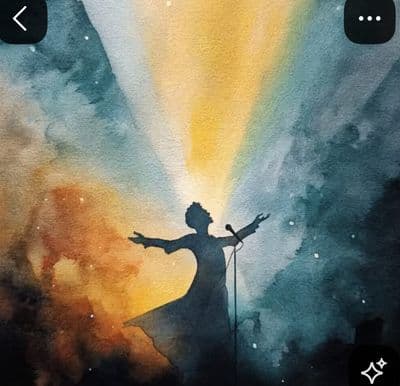 a painting of a person holding a microphone
