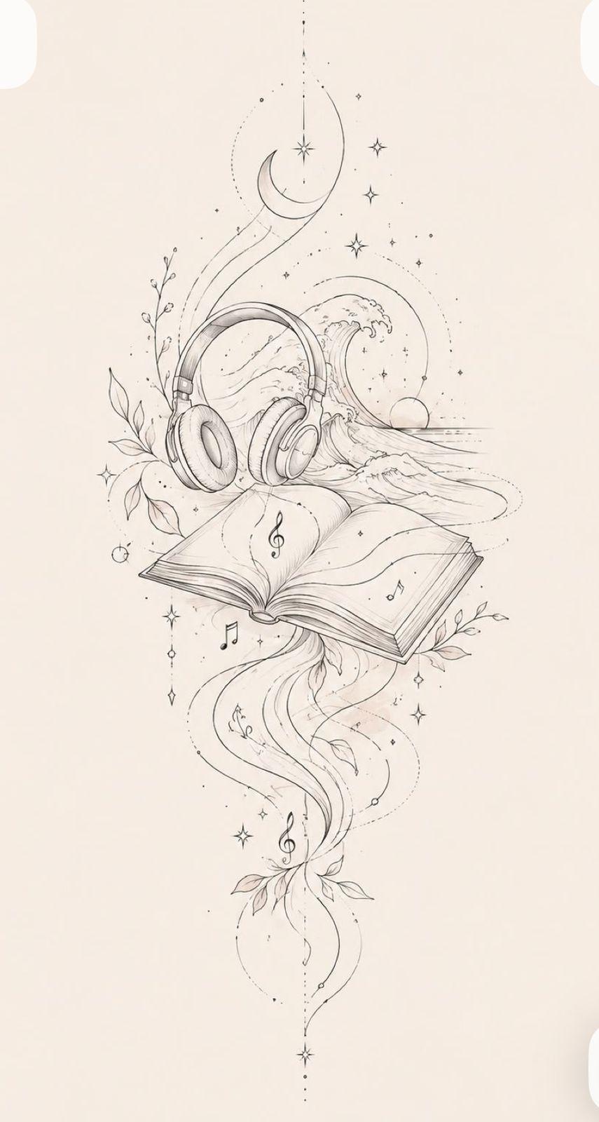 a drawing of a book with music notes coming out of it