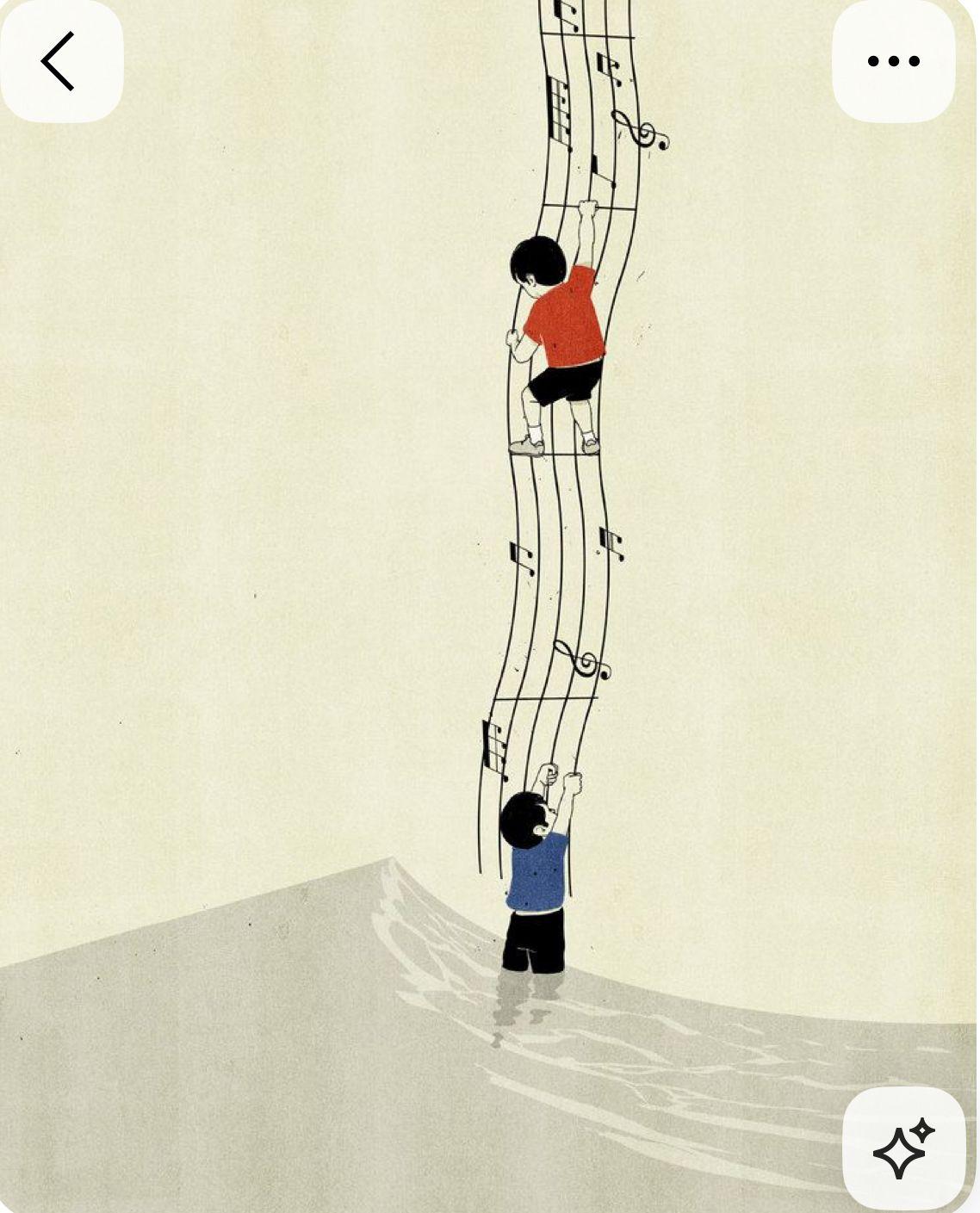 a drawing of a man standing next to a tall musical note