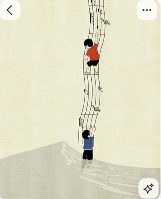 a drawing of a man standing next to a tall musical note
