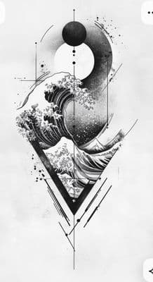 a black and white picture of a wave and a moon