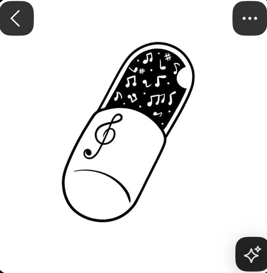 a black and white drawing of a pill with music notes on it