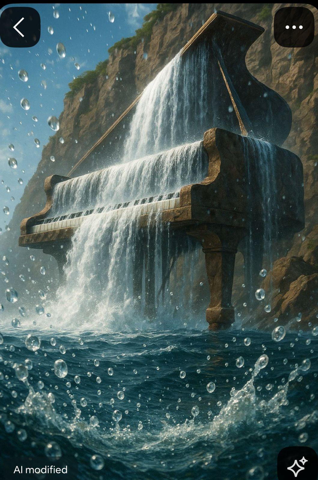 a painting of a piano in the water