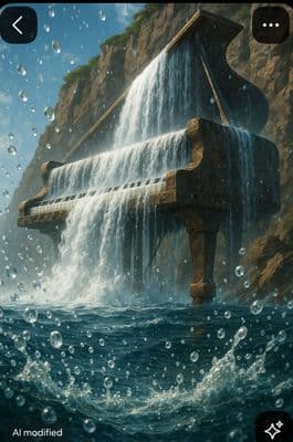 a painting of a piano in the water