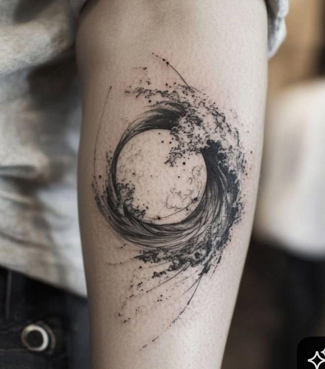 a black and white tattoo of a wave