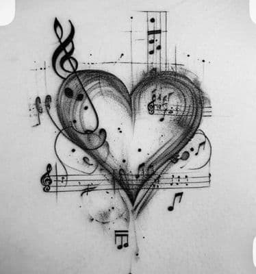 a drawing of a heart with musical notes